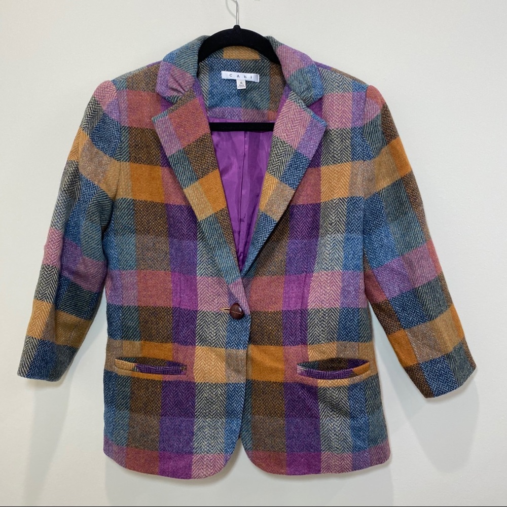 CAbi #927 Happy Blazer Jewel-tone plaid wool blend